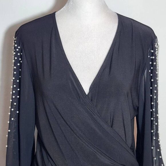 S. Levine Black Dressy Blouse with Slit Sleeves and Pearl Accent Size Small - Picture 4 of 9